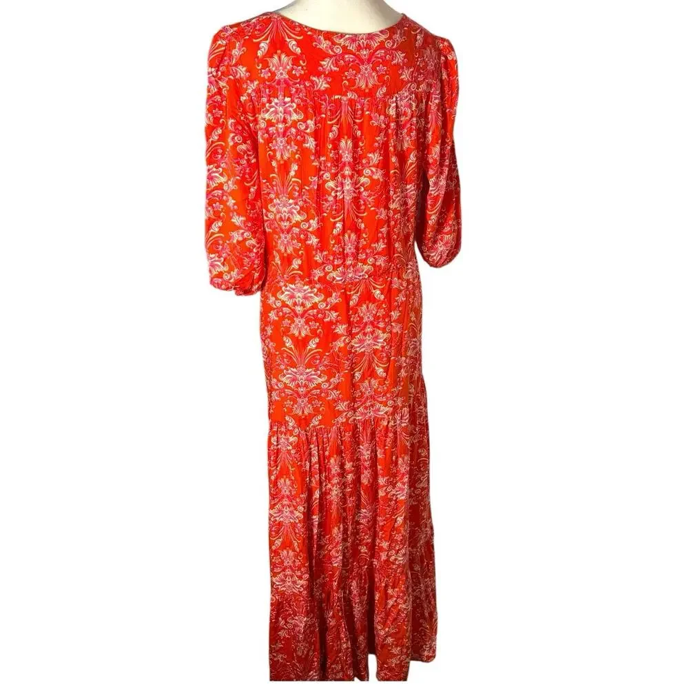 ABEL THE LABEL Printed Smocked Waist High Low Maxi Dress Size Small Prairie Red - Picture 2 of 6